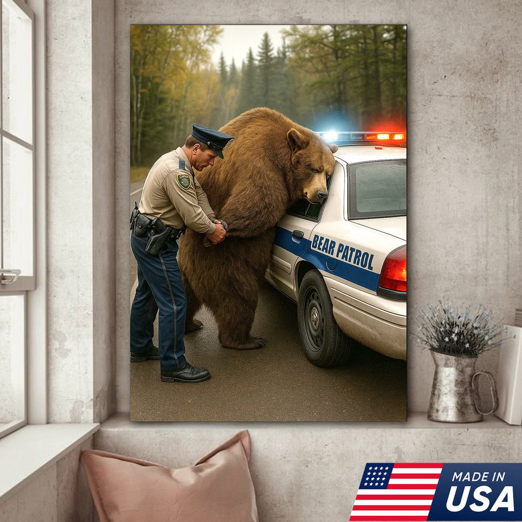 Funny Bear Patrol Canvas Wall Art, Humorous Wildlife Police Artwork, Rustic Cabin Decor