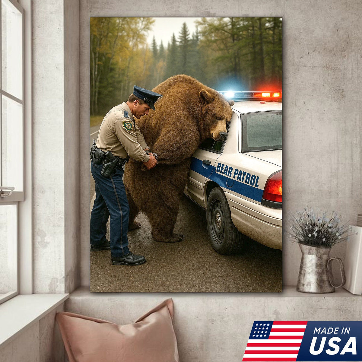 Funny Bear Patrol Canvas Wall Art, Humorous Wildlife Police Artwork, Rustic Cabin Decor