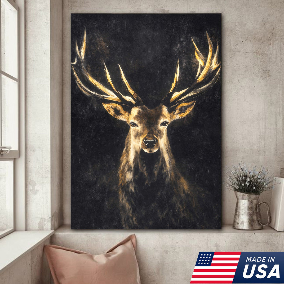 Majestic Deer Canvas Wall Art – Golden Antlers Stag Wildlife Canvas Rustic Cabin Decor