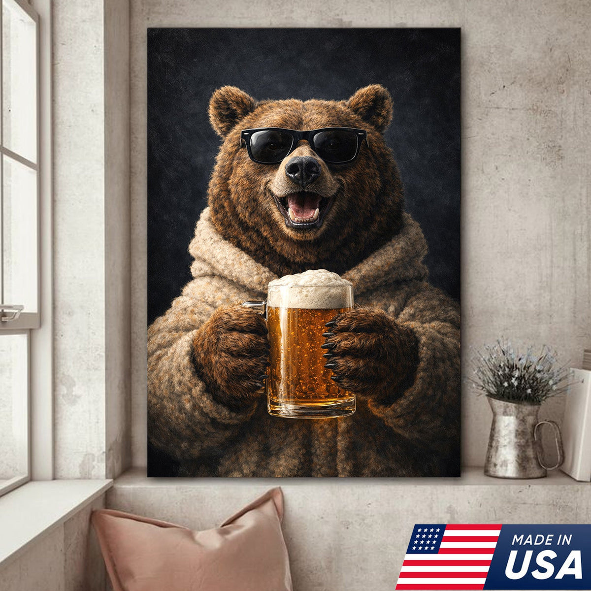 Funny Beer Bear Canvas Print Gift for Him Dad Husband Man Cave Decor