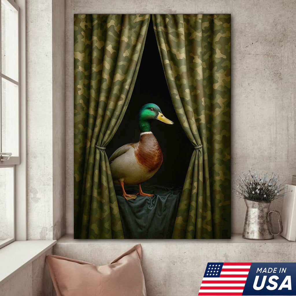 Duck Behind Camo Curtain Canvas Wall Art, Funny Hunting Lodge Decor, Rustic Wildlife Artwork