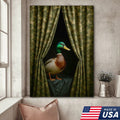 Duck Behind Camo Curtain Canvas Wall Art, Funny Hunting Lodge Decor, Rustic Wildlife Artwork