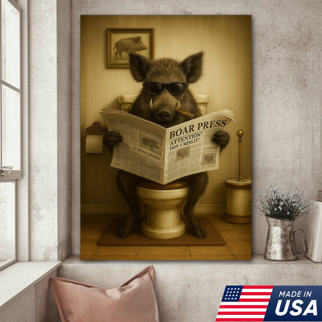 Funny Wild Boar Reading Newspaper Canvas – Funny Bathroom Wall Art