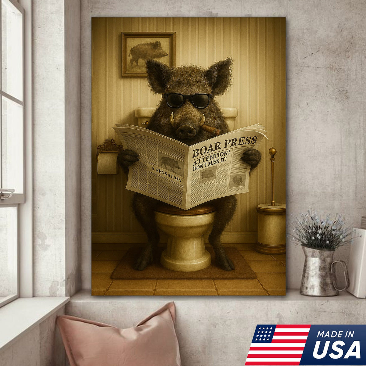 Funny Wild Boar Reading Newspaper Canvas – Funny Bathroom Wall Art