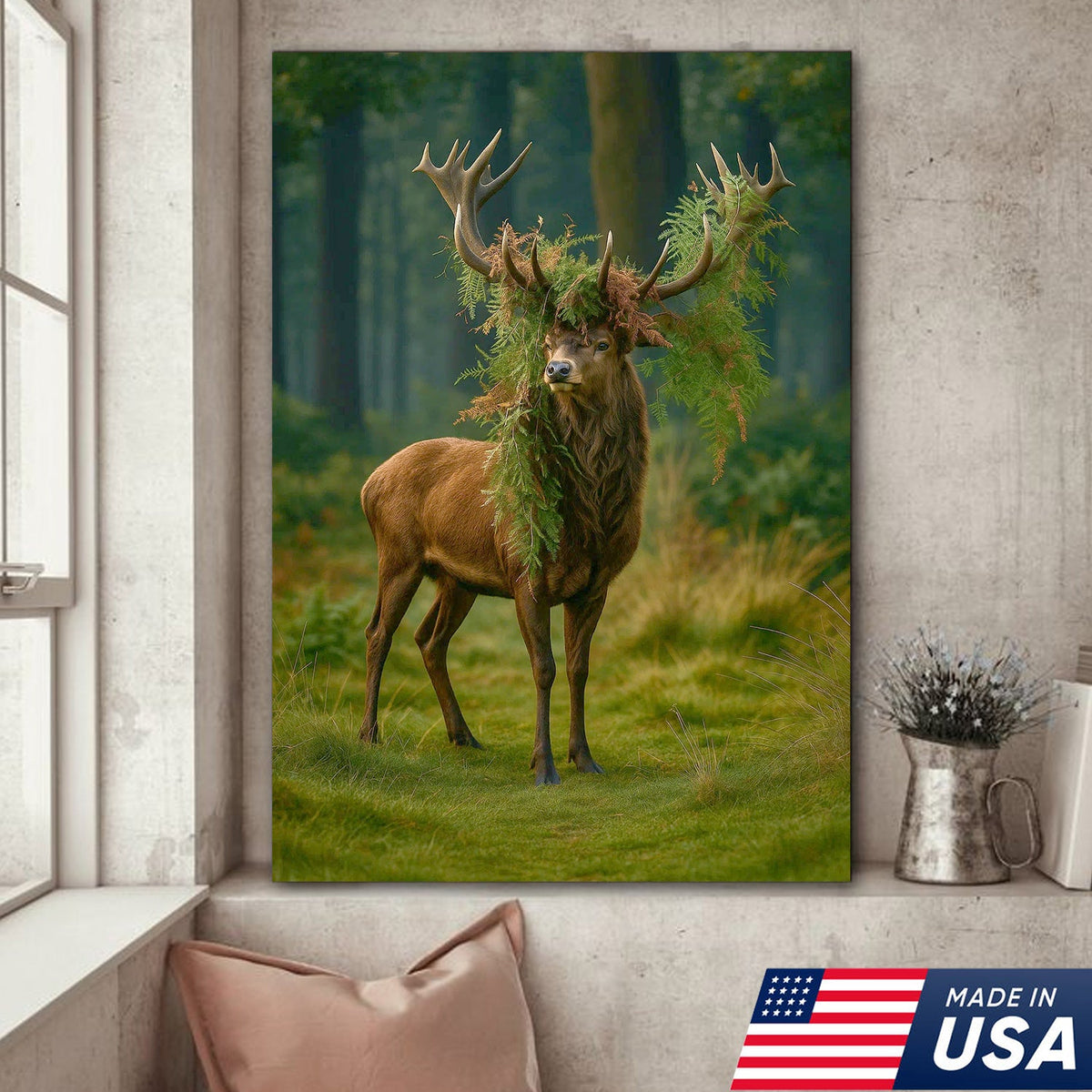 Forest Stag with Fern Crown Canvas Wall Art, Woodland Deer Print, Rustic Cabin Nature Decor