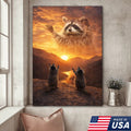 Funny Raccoon God Sunset Canvas Wall Art, Raccoon Worship Mountain Landscape