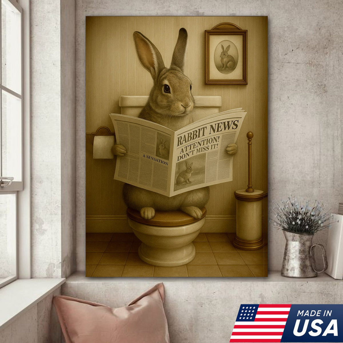 Funny Bunny Rabbit Bathroom Canvas – Unique Rustic Wildlife Decor Gift for Hunting Enthusiasts