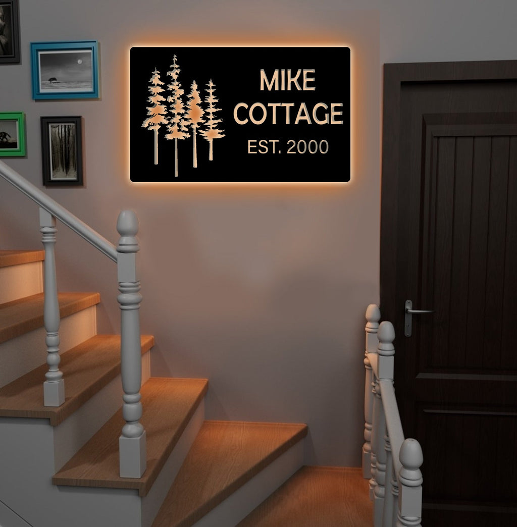 Personalized Forest Metal Sign WITH LED/WITHOUT LED - Rustic Cabin Name Sign with Pine Trees