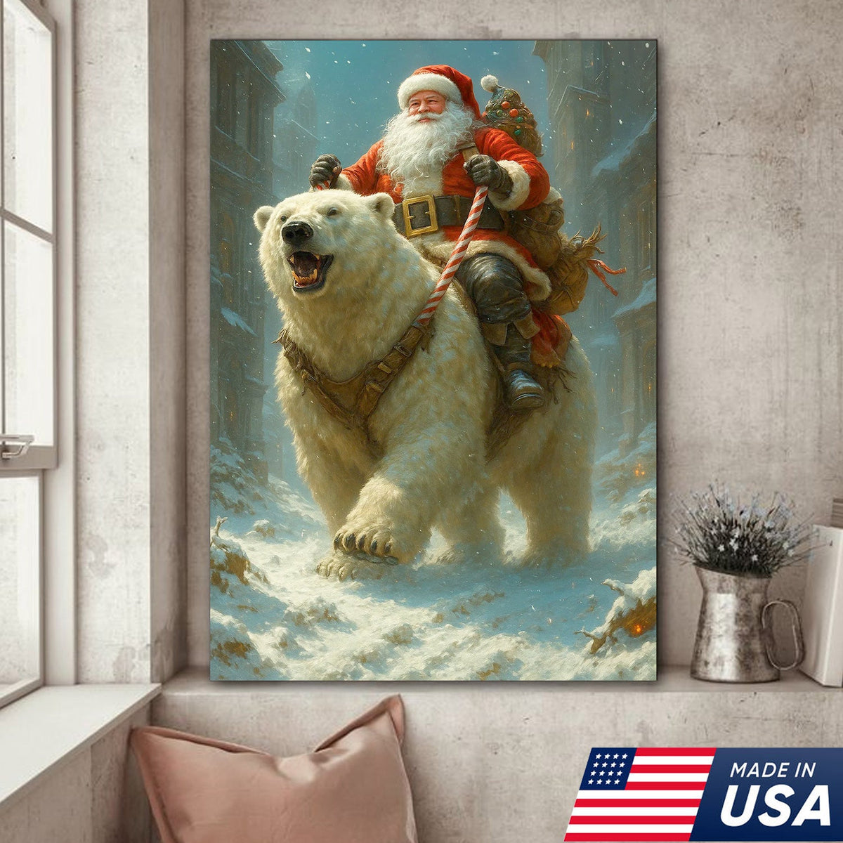 Santa Riding Polar Bear Canvas Wall Art, Epic Christmas Adventure Santa Print