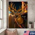 Cool Deer Canvas Wall Art - Funny Rustic Lodge Decor with Sunglasses and Night City Vibes