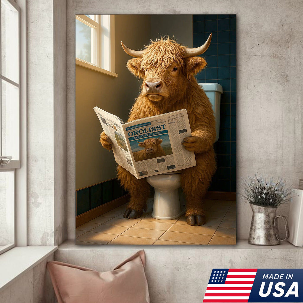 Highland Cow Bathroom Canvas Wall Art, Funny Farmhouse Restroom Decor
