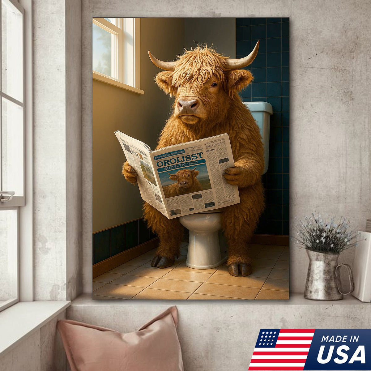 Highland Cow Bathroom Canvas Wall Art, Funny Farmhouse Restroom Decor