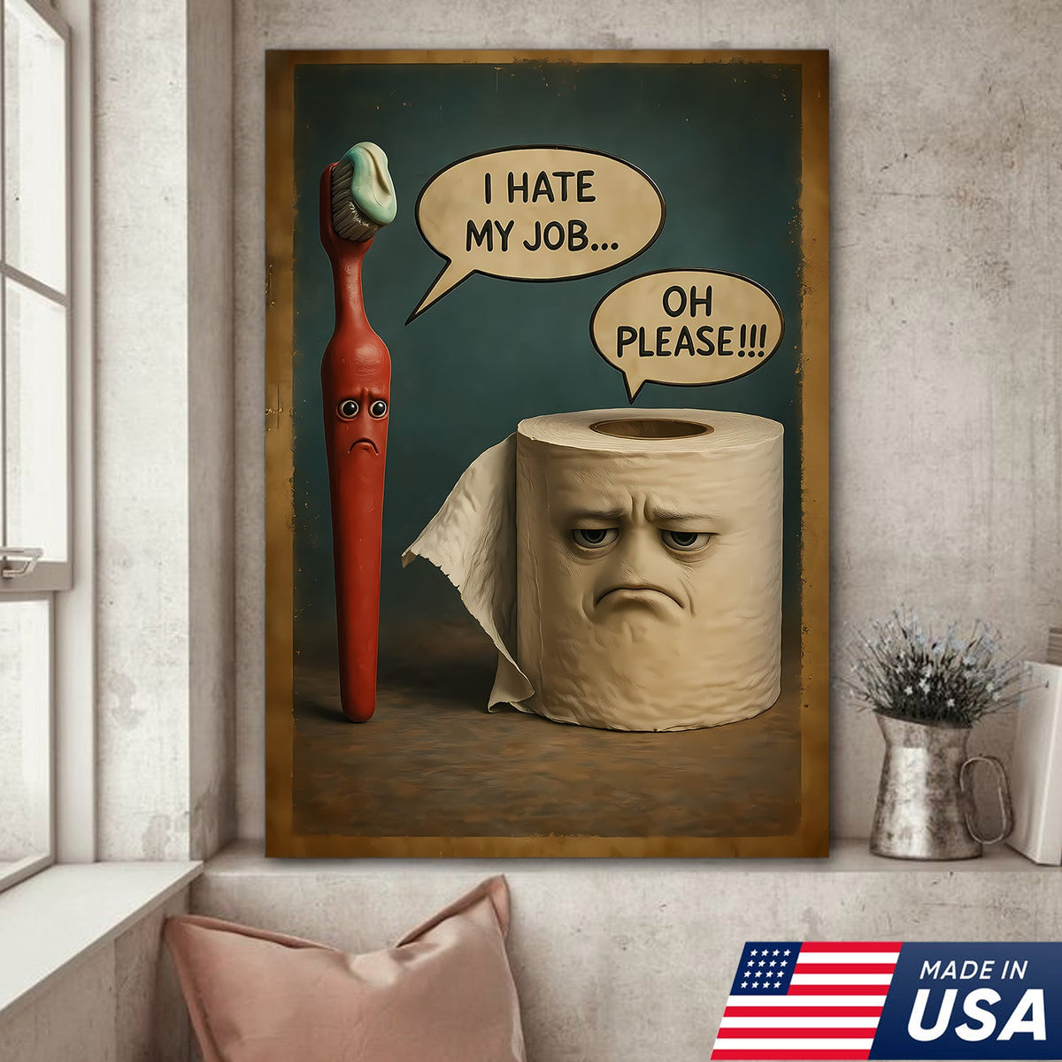 Funny Bathroom Humor Canvas Wall Art, Talking Toothbrush and Toilet Paper Print