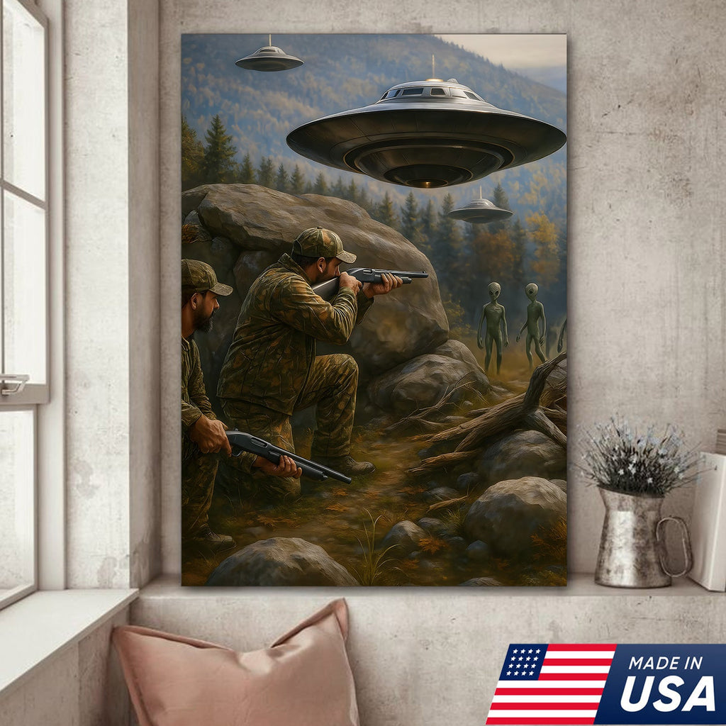 Alien Encounter Hunting Canvas Wall Art, Funny Hunters vs UFO Scene