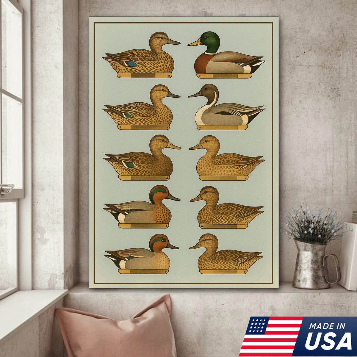 Duck Species Identification Canvas Wall Art – Rustic Hunting Lodge Decor for Hunters & Bird Lovers