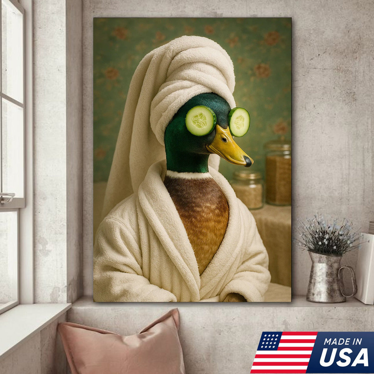 Spa Day Duck Canvas Wall Art, Funny Bathroom Spa Decor, Mallard in Robe with Cucumber Eyes