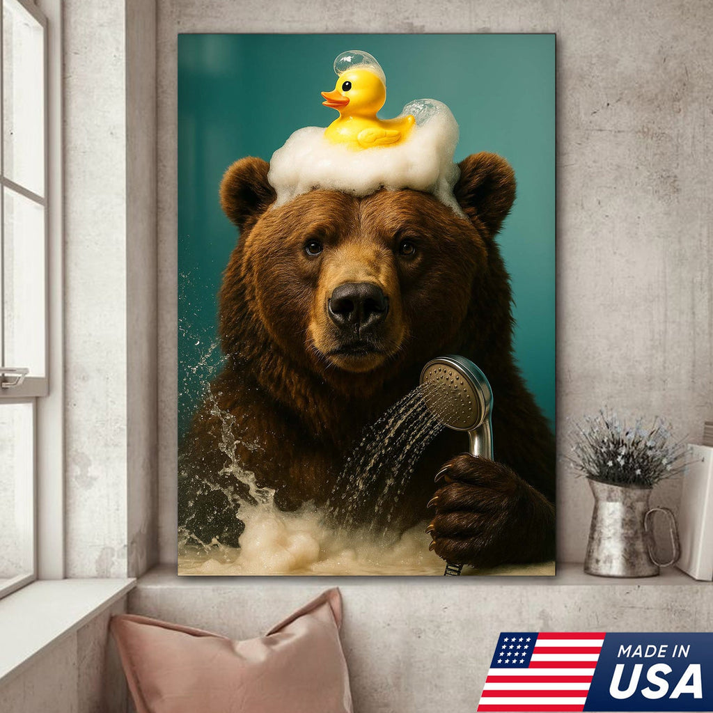 Funny Bear Bathroom Wall Art Canvas – Cute Bear Bubble Bath with Rubber Duck