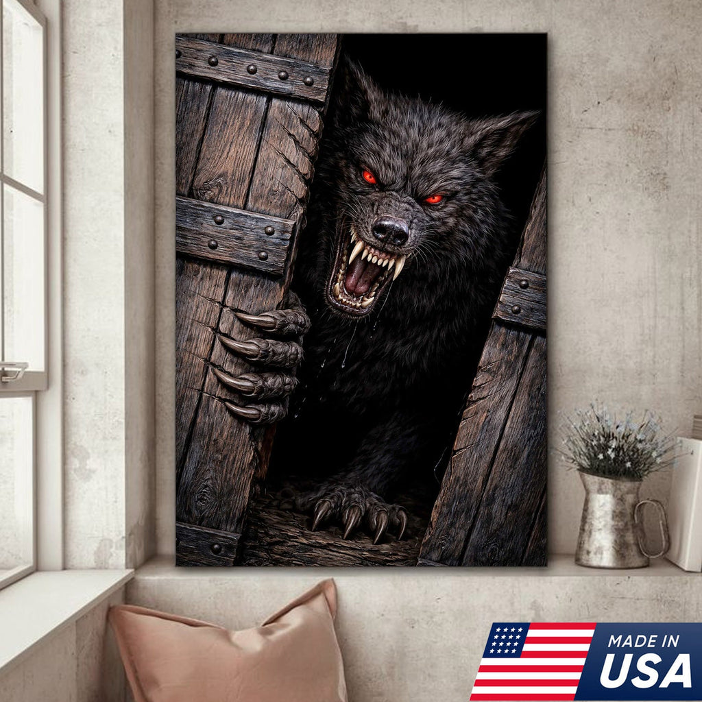 Angry Red Eyes Werewolf Canvas Wall Art, Dark Horror Wolf Monster Illustration