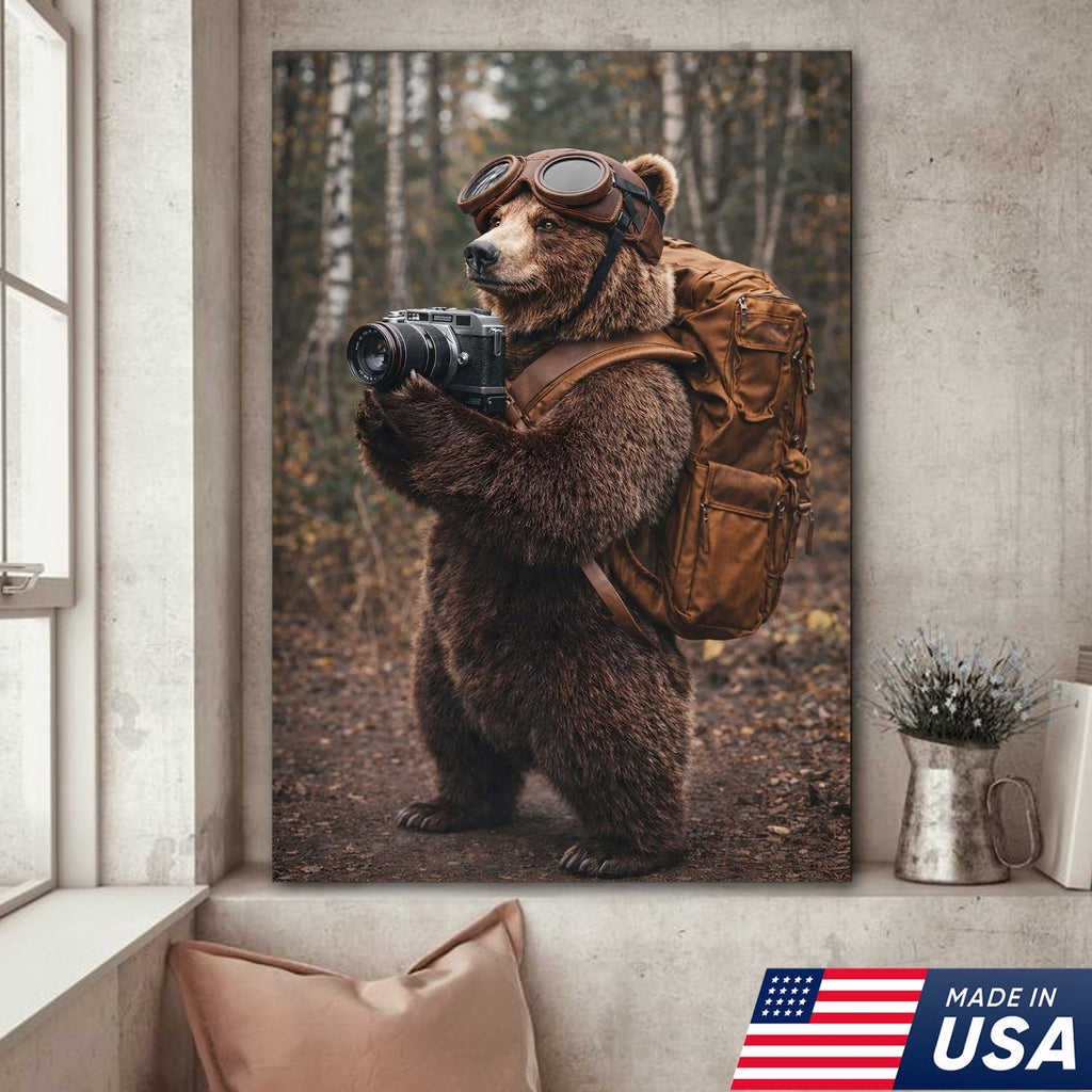 Adventure Bear Photographer Canvas Wall Art – Realistic Wildlife Explorer Print