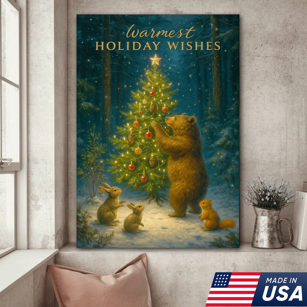 Warmest Holiday Wishes Woodland Christmas Art – Cute Bear & Forest Animals Wall Print