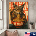 Funny Wolf Coyote Eating Ramen Canvas Wall Art, Quirky Animal Kitchen Decor