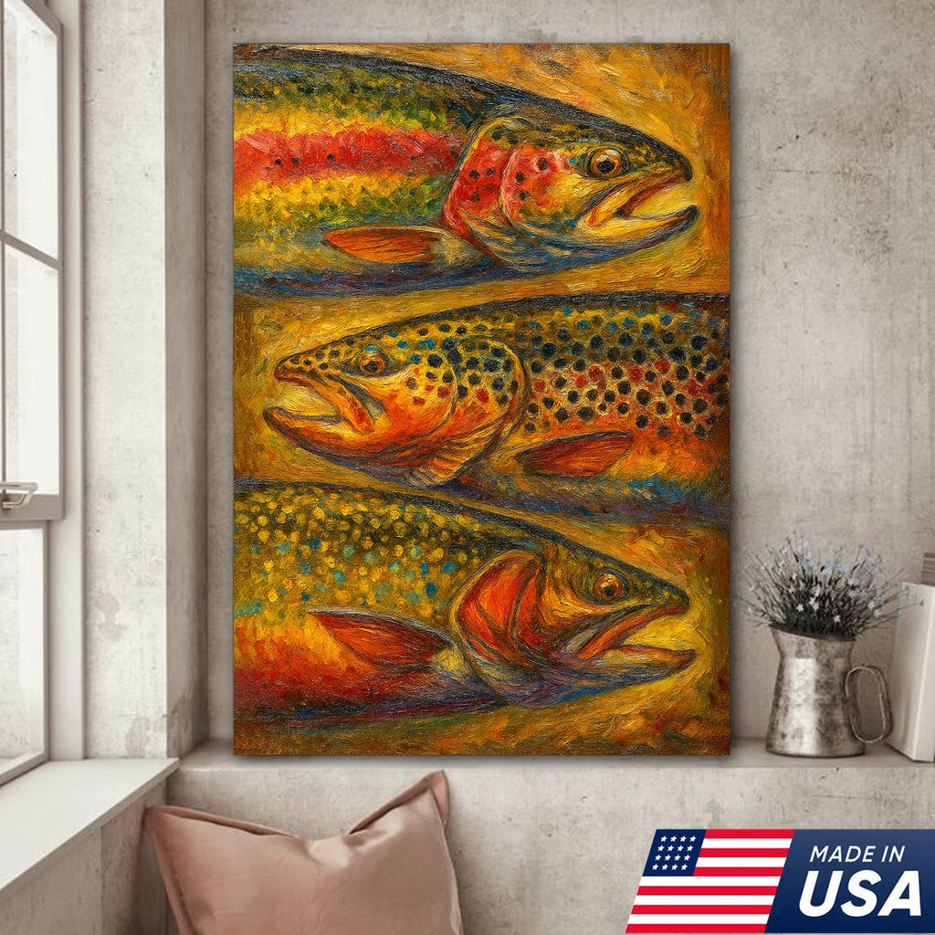 Trout Oil Painting Canvas Wall Art – Rustic Fishing Lodge Decor Gift for Anglers & Nature Lovers
