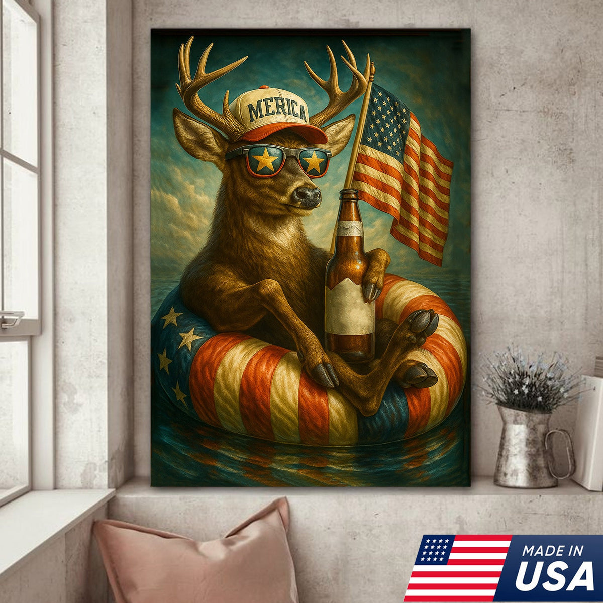 Patriotic Deer Wall Art Canvas – Funny American Flag Wall Art, Man Cave & Rustic Cabin Decor