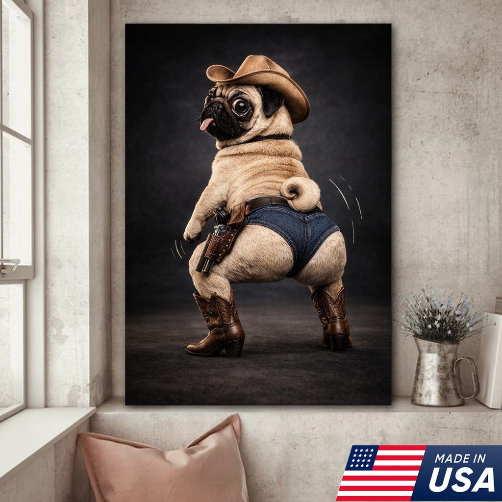 Funny Pug Canvas – Cowboy Dog Wall Art – Western Humor Decor