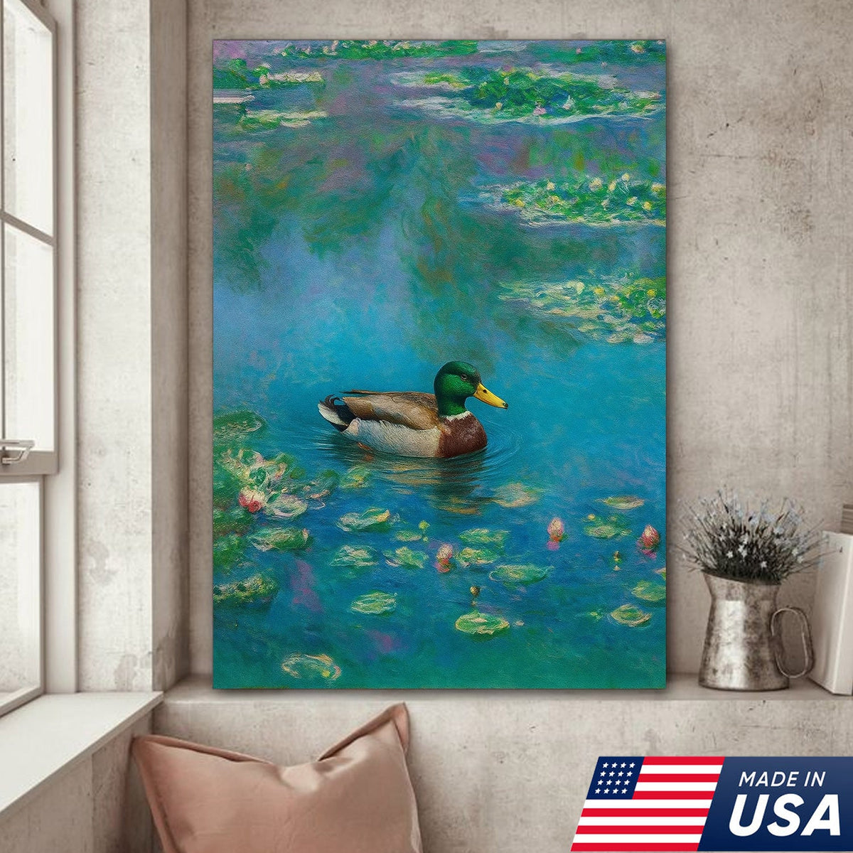 Serene Duck Pond Canvas Wall Art – Tranquil Mallard Painting – Rustic Cabin and Lodge Decor