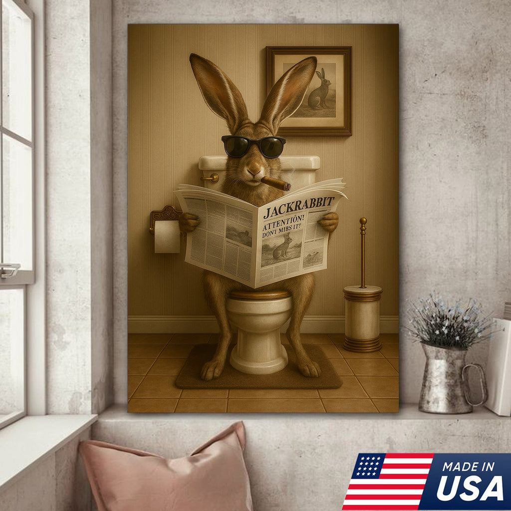 Funny Jackrabbit Bathroom Canvas Wall Art – Rustic Wildlife Lodge Decor Gift for Hunters & Cabin