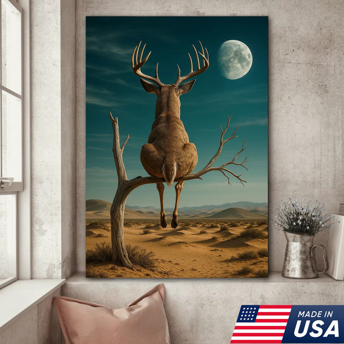 Funny Deer Moon Canvas, Whitetail Buck Sitting on Tree Wall Art, Humorous Hunter Gift