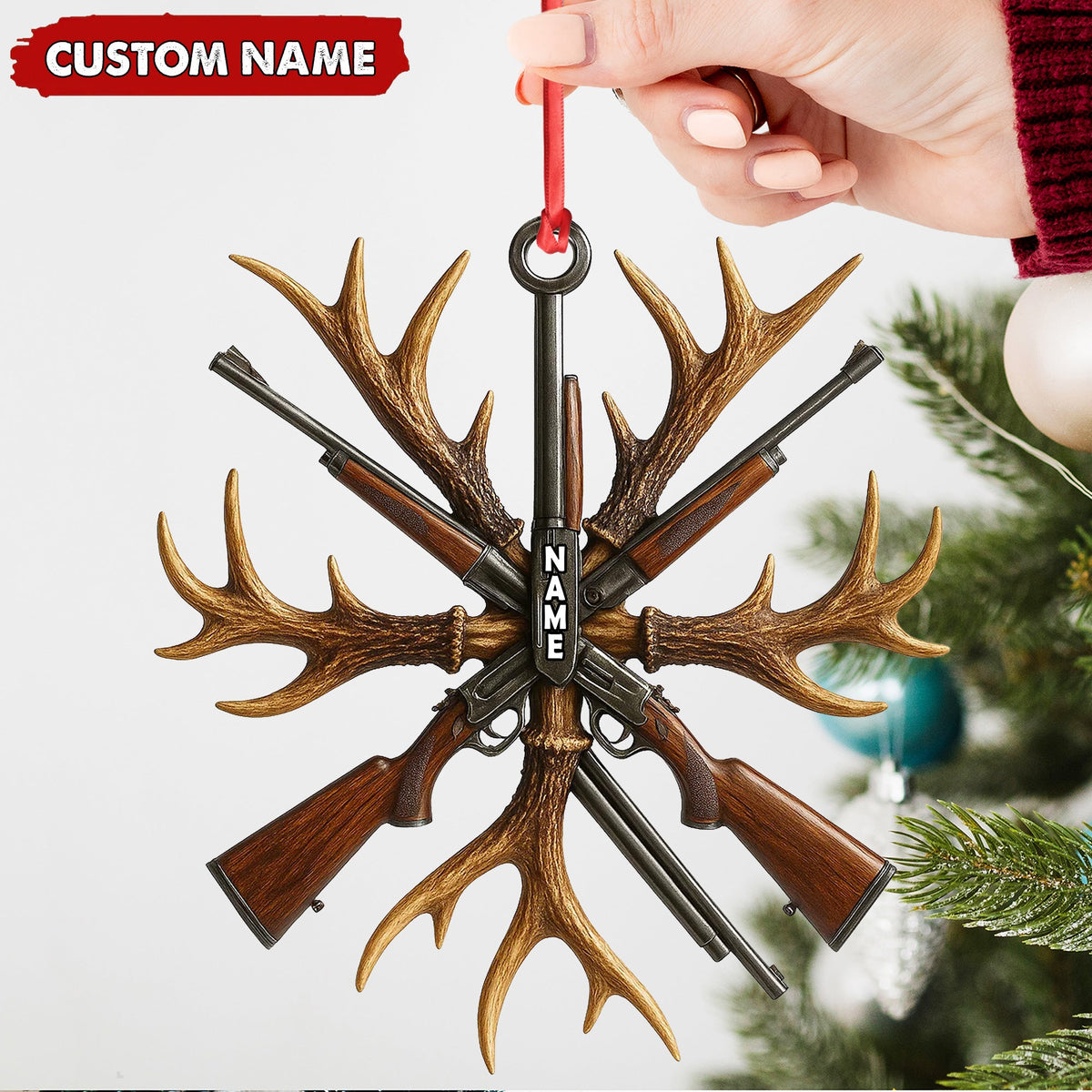 Custom Name Hunting Ornament, Antlers and Rifles Christmas Decor for Hunters