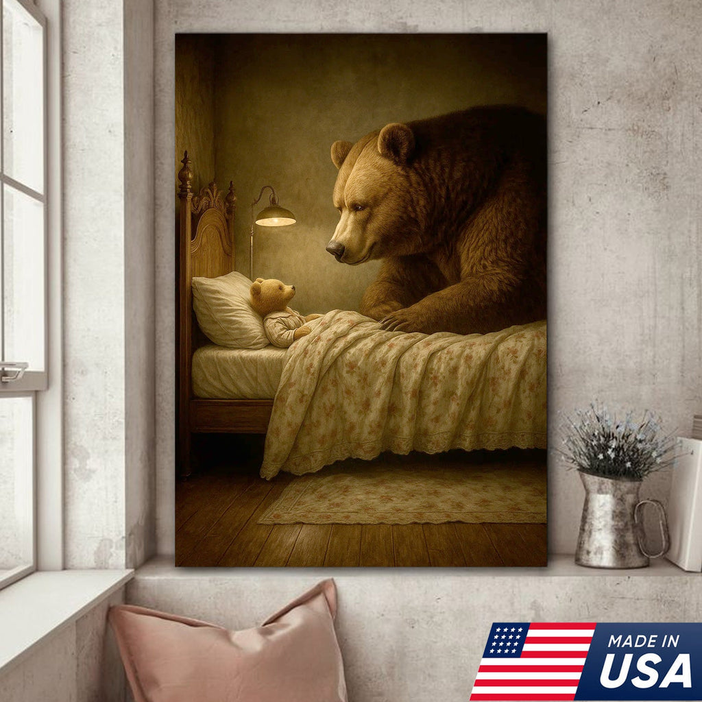 Mother Bear and Cub Canvas Wall Art, Whimsical Bedtime Wildlife Artwork