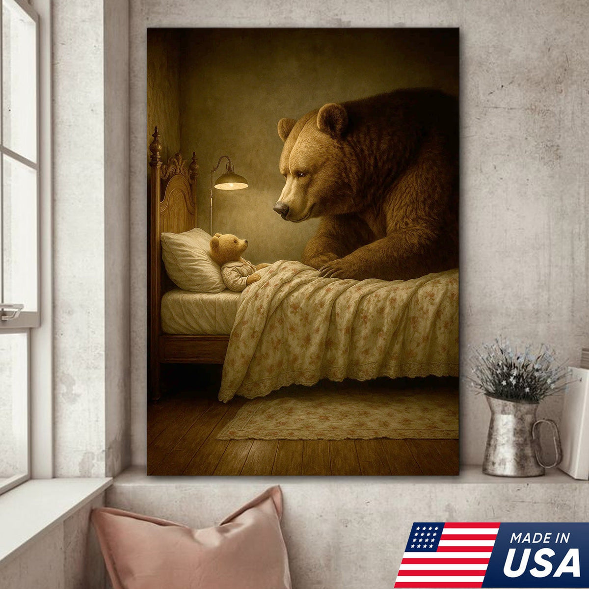 Mother Bear and Cub Canvas Wall Art, Whimsical Bedtime Wildlife Artwork