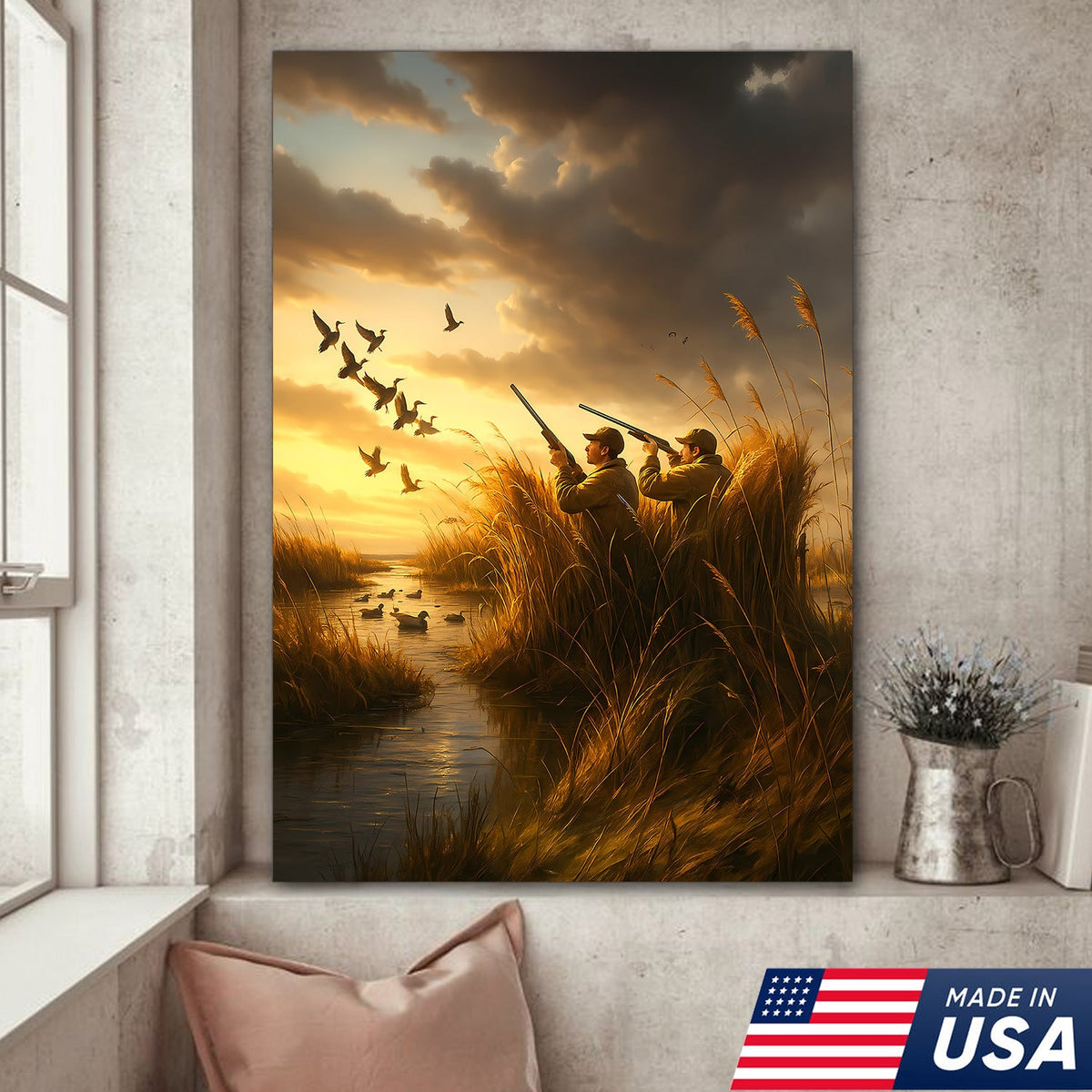 Duck Hunting Sunset Canvas – Rustic Wall Art for Hunters, Cabins & Outdoor Enthusiasts