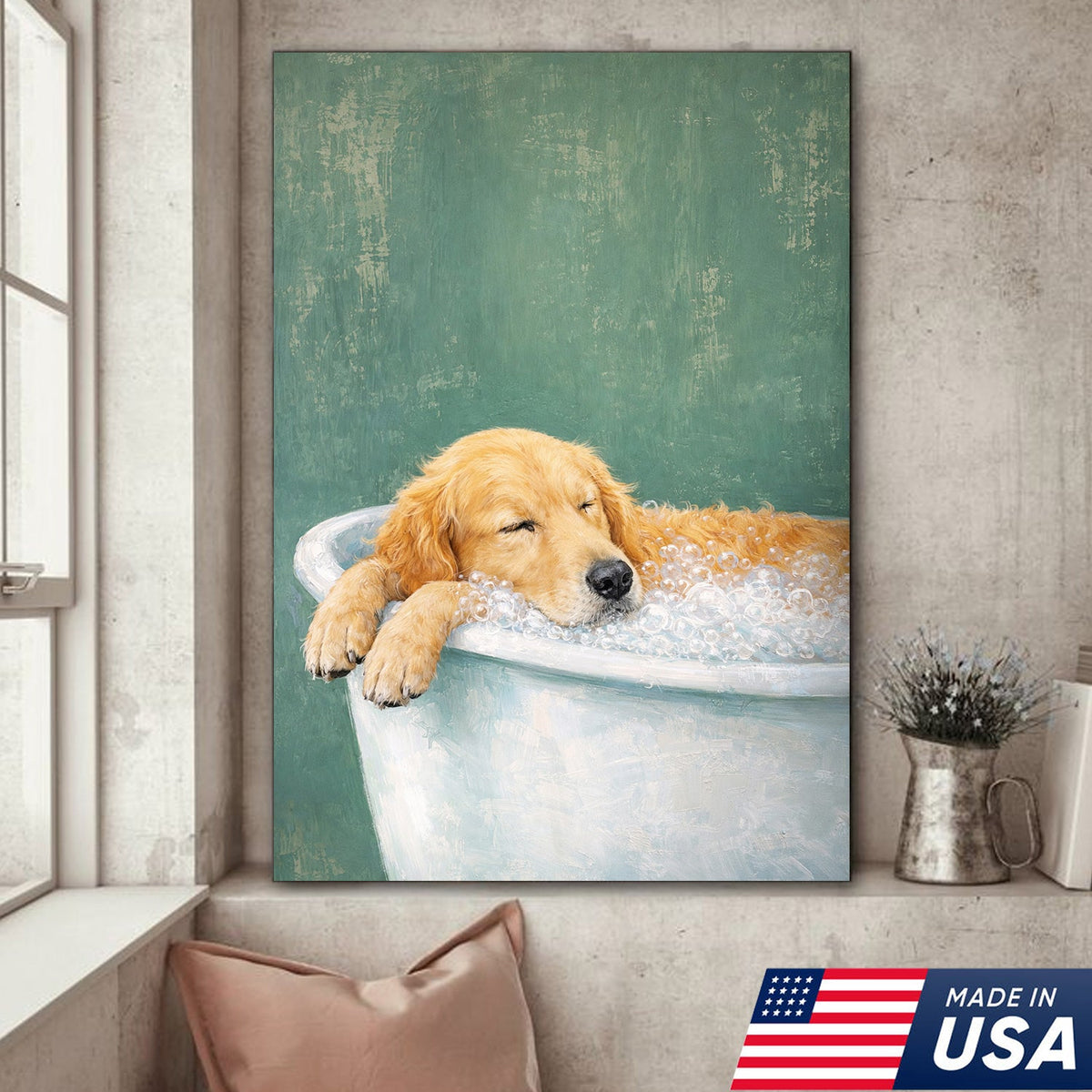 Golden Retriever Bath Canvas Wall Art, Cute Dog Bathroom Decor