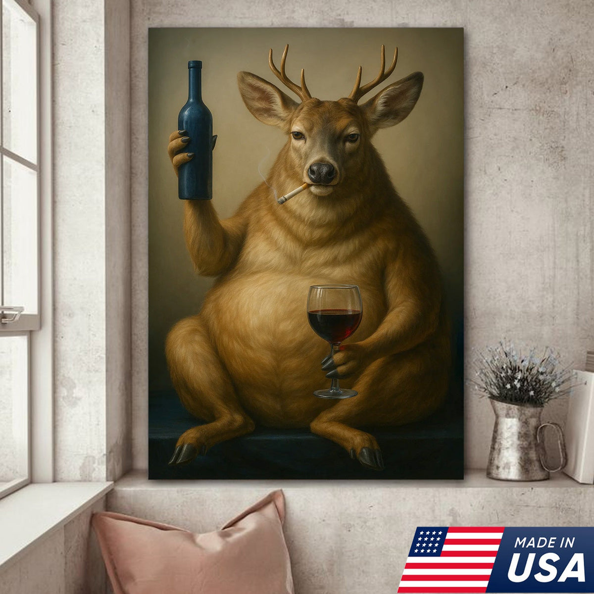 Funny Deer Wall Art Canvas – Fat Buck with Wine Glass Rustic Lodge Decor