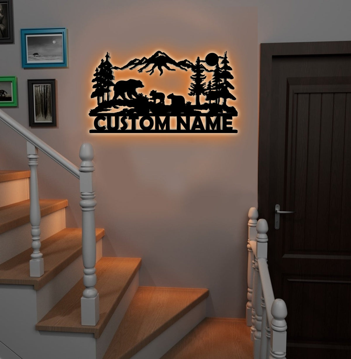 Personalized Bear Family Metal Sign WITH LED/WITHOUT LED - Mountain Cabin Name Sign