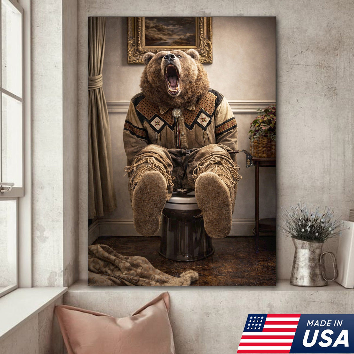 Funny Bear Bathroom Canvas Wall Art – Western Bear On Toilet