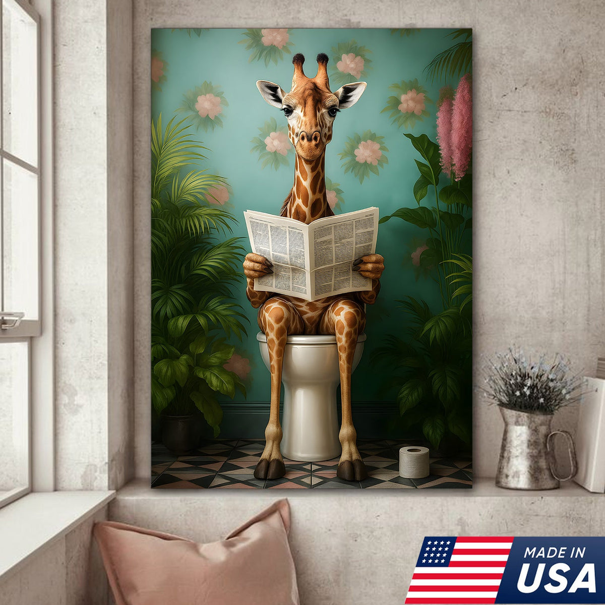Funny Giraffe Bathroom Canvas Wall Art, Whimsical Animal Reading Newspaper Print