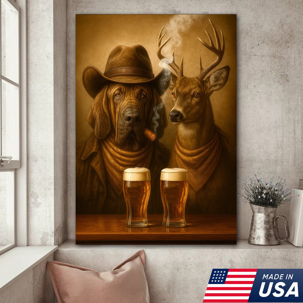 Funny Dog & Deer Cowboy Canvas Wall Art – Funny Rustic Beer Decor for Hunters