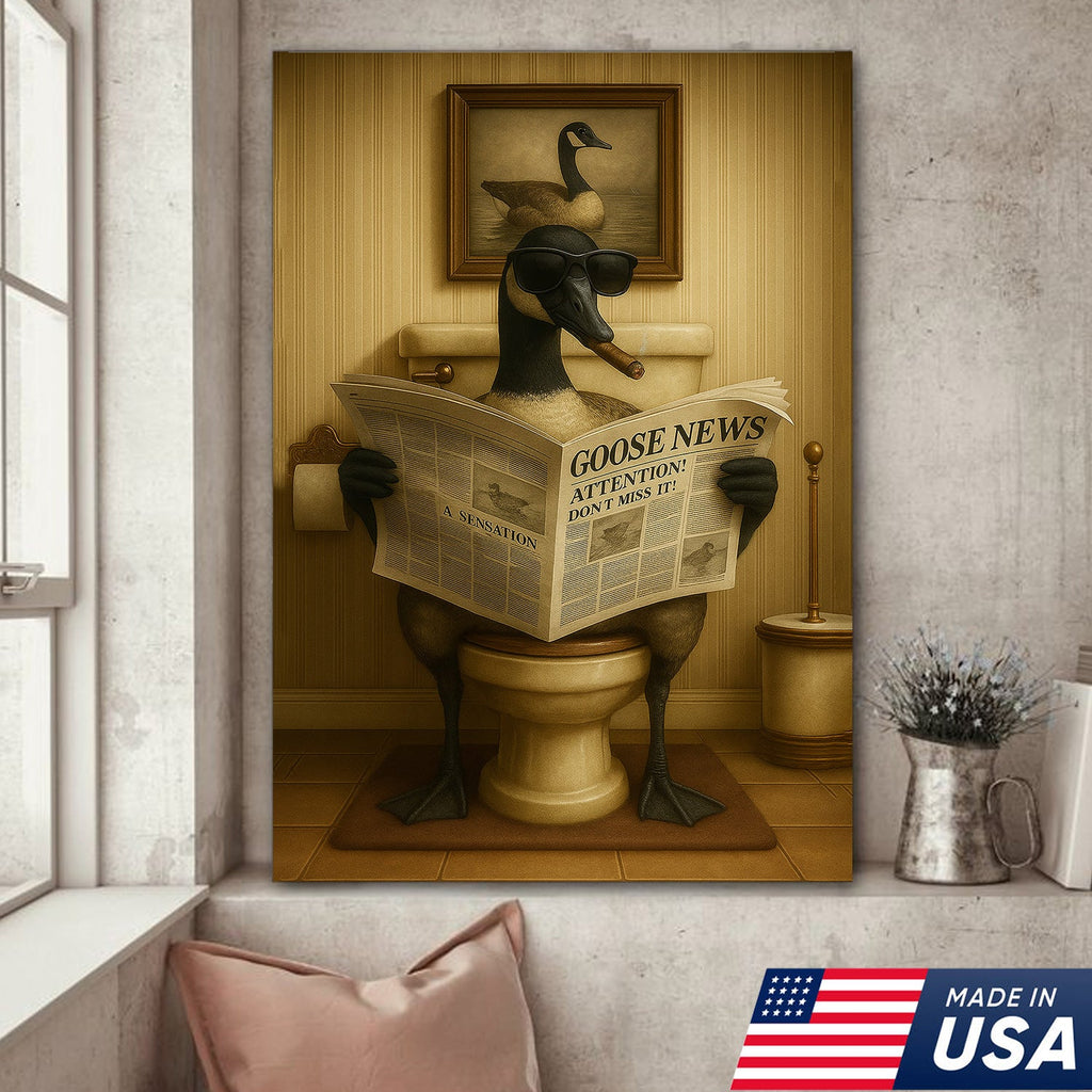 Funny Canada Goose Reading Newspaper Canvas – Funny Bathroom Wall Art