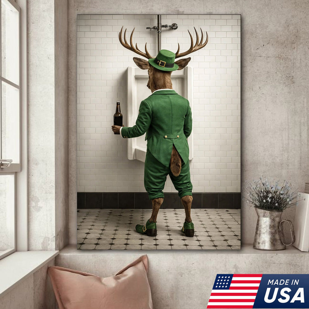 Funny Deer Canvas Wall Art, Leprechaun Buck Bathroom Humor Print