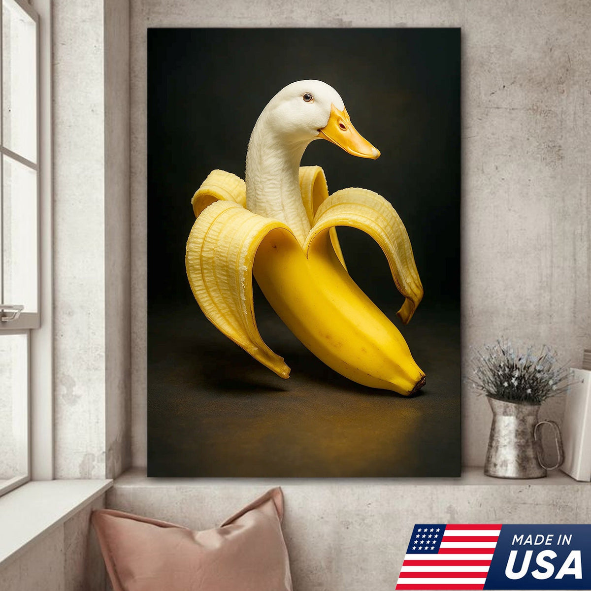 Banana Duck Canvas Wall Art, Surreal Fruit Animal Print, Funny Kitchen & Bathroom Decor