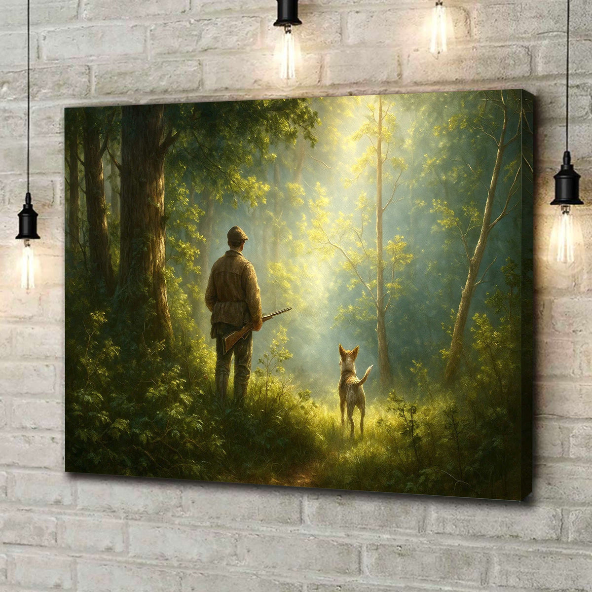 Hunting Canvas Wall Art – Hunter and Dog in Sunlit Forest – Rustic Cabin Decor