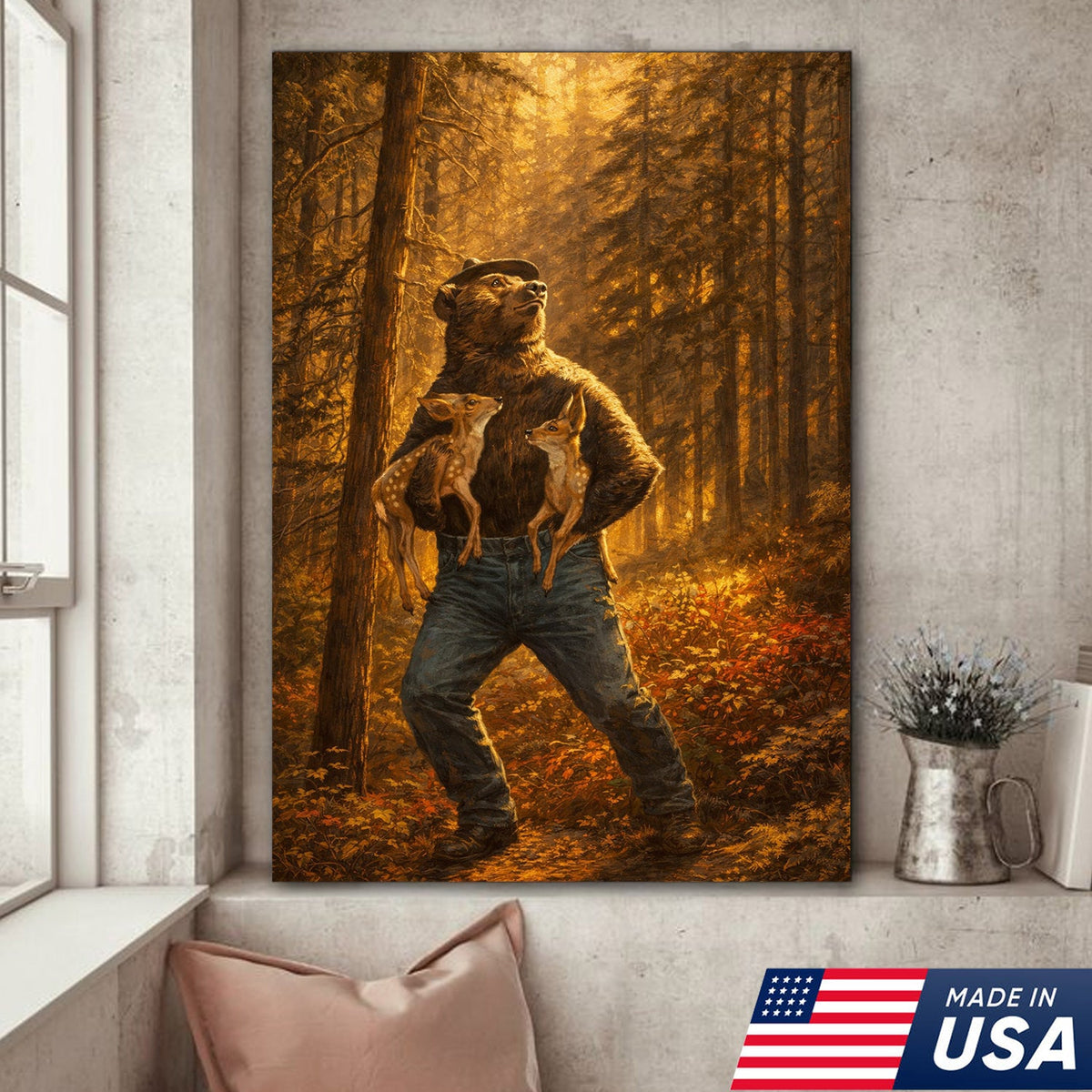 Protector of the Wild Canvas Wall Art – Bear Holding Fawns Forest Scene Print