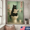 Funny Cat Bathroom Canvas Wall Art, Black Cat on Toilet Reading Newspaper