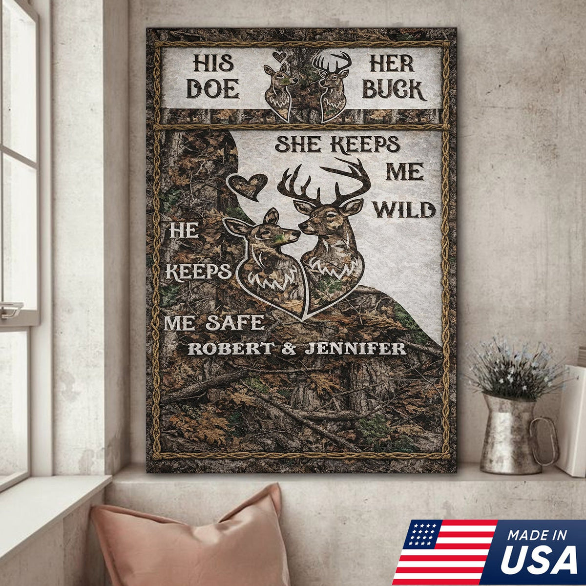 Personalized His Doe Her Buck Canvas Wall Art, Rustic Deer Couple Love Quote Artwork