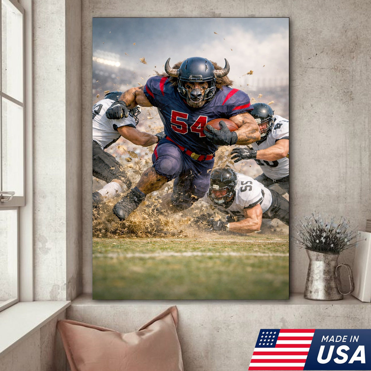 Bull Football Player Canvas Wall Art – Powerful Stadium Action Sports Print