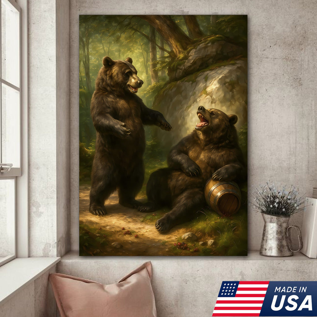Funny Drunk Bears Canvas – Rustic Cabin Wall Art Gift for Hunters, Beer Lovers & Man Caves